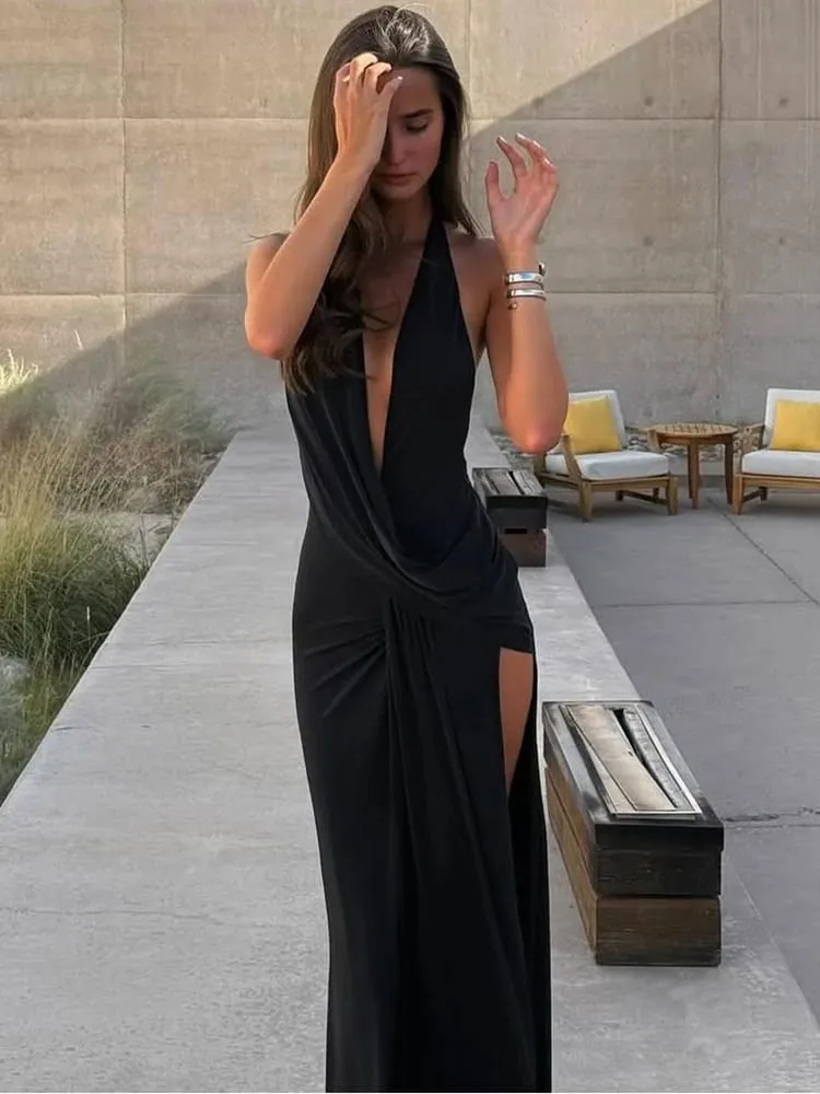 Cutenew Party Simple Women Maxi Dresses Solid Trend Halter Cross Swinging Neck Backless V-neck High Split Bodycon Mujer Vestidos — image 2