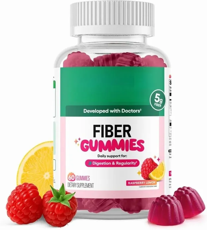 Fiber Gummies Digestive Health Regularity Raspberry Lemon Flavor No Sugar Added Vegan Chicory Root Prebiotic 60CT Adults