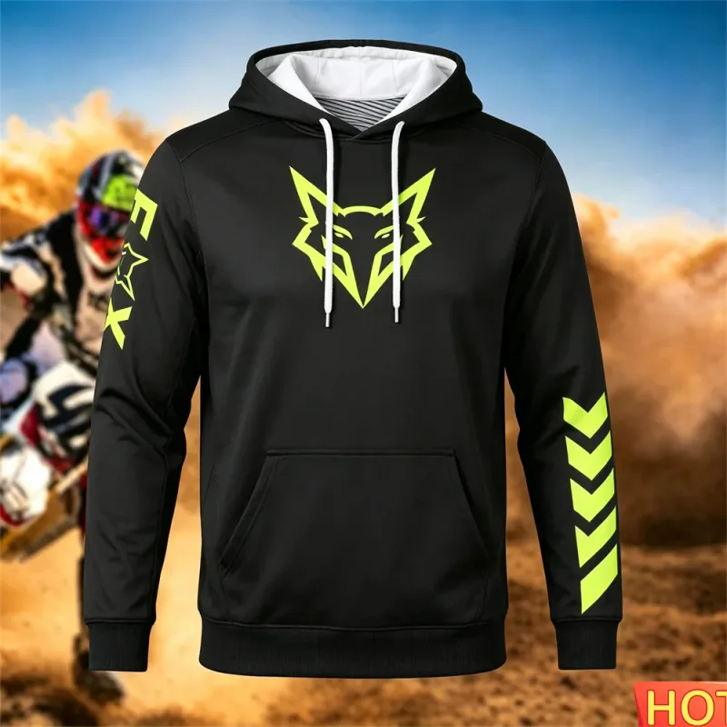 Autumn/Winter Men's Racing Hoodie Outdoor Cycling Hooded Pullover Fox Pattern Pocket Hoodie Sports Motorcycle Hooded Sweatshirts