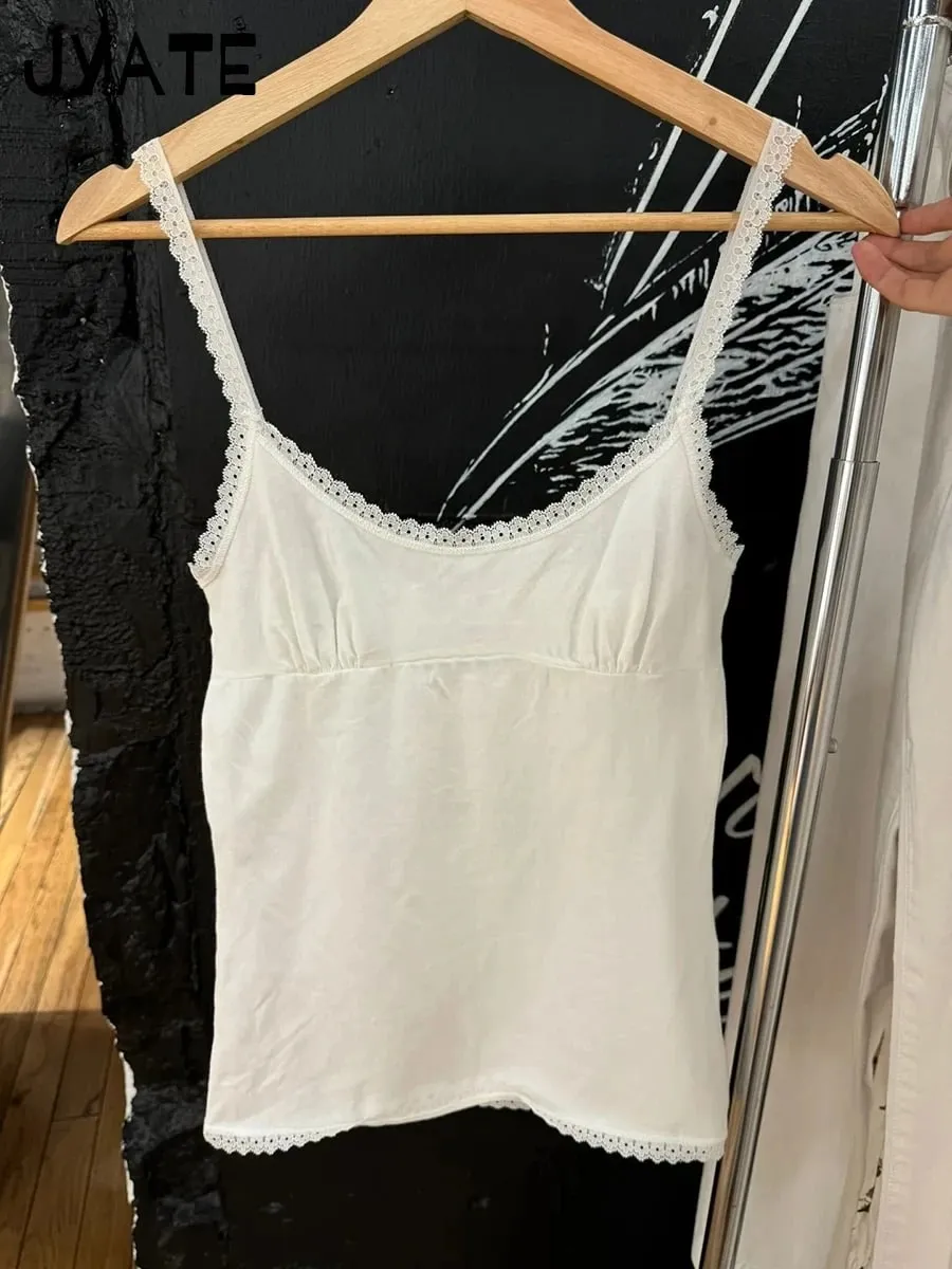 Süße Spitze Patchwork Schlank Tank Tops Frauen Sommer Weiß Sexy Einfache Baumwolle Weiche Ärmellose Westen Weibliche Vintage Chic Y2K Leibchen — image 13