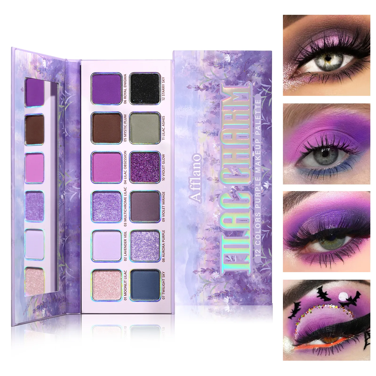 Afflano 12 Colors Eyeshadow Palette Matte Shimmer Lavender Purple Eye Shadow Smoky Punk Blendable Lasting Halloween Eye Makeup — image 2