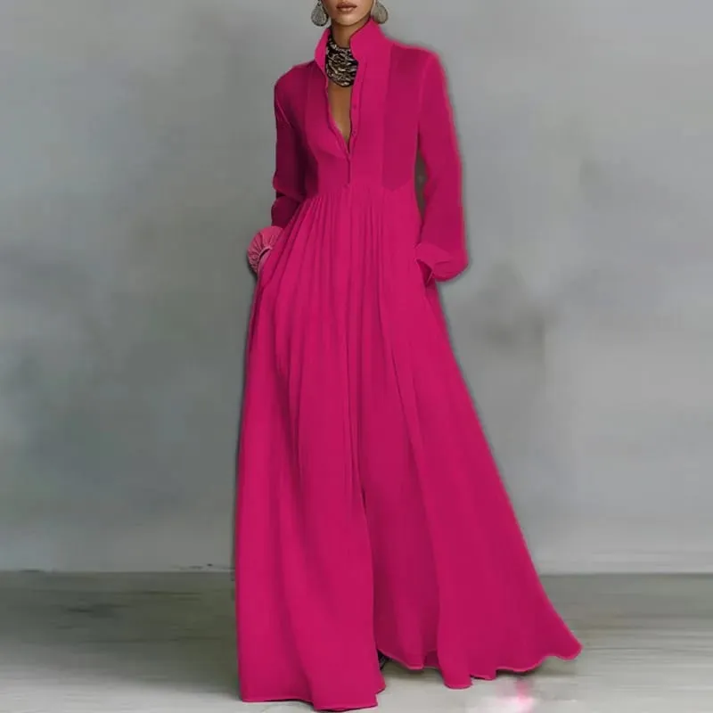 Gaun Panjang Buaian Pinggang Tinggi yang Elegan Wanita Musim Bunga Poket Pepejal Gaun Maxi Berlipat Musim Gugur Lengan Panjang Pakaian Petang — image 9