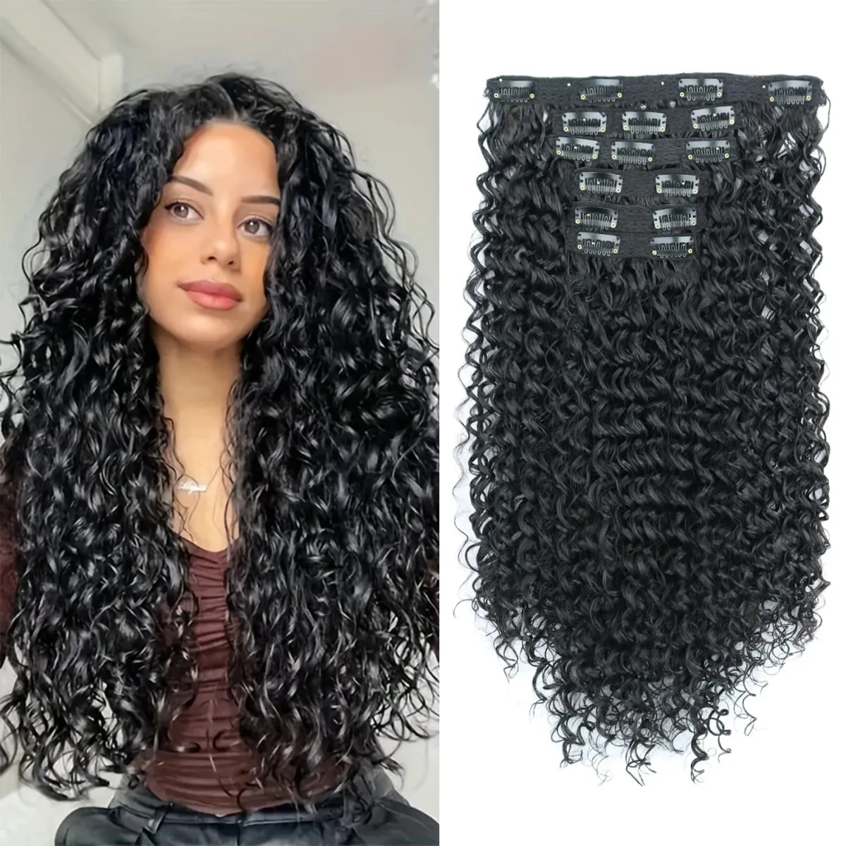16 Clip In Hair Extensions Synthetic Kinky Curly Full Head Fake Pieces Brown Black Hair Extensions Suitable For Black Women