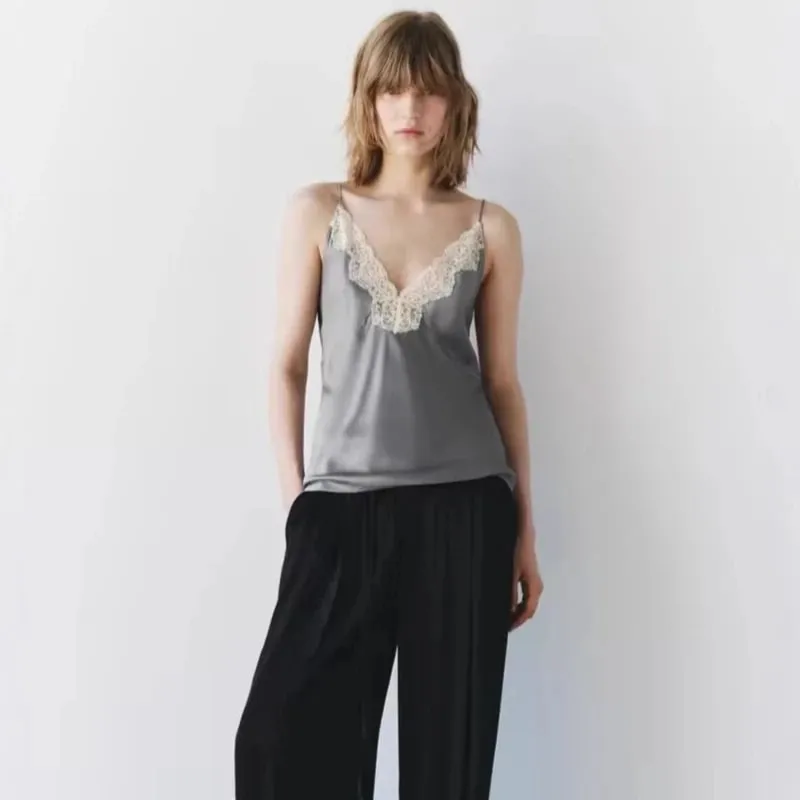 Women Lace Patchwork Tanks Tops Satin V-neck Solid Sleeveless Camisole Summer Women Spaghetti Strap Mini Tops Fashion Slim Camis — image 5