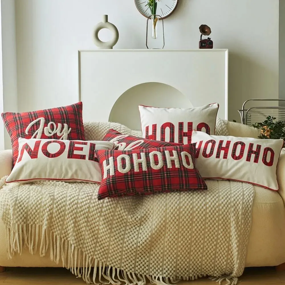 New Christmas Plaid Print Letter Embroidery Cushion Cover Decorative Throw Pillow Case for Sofa — image 3