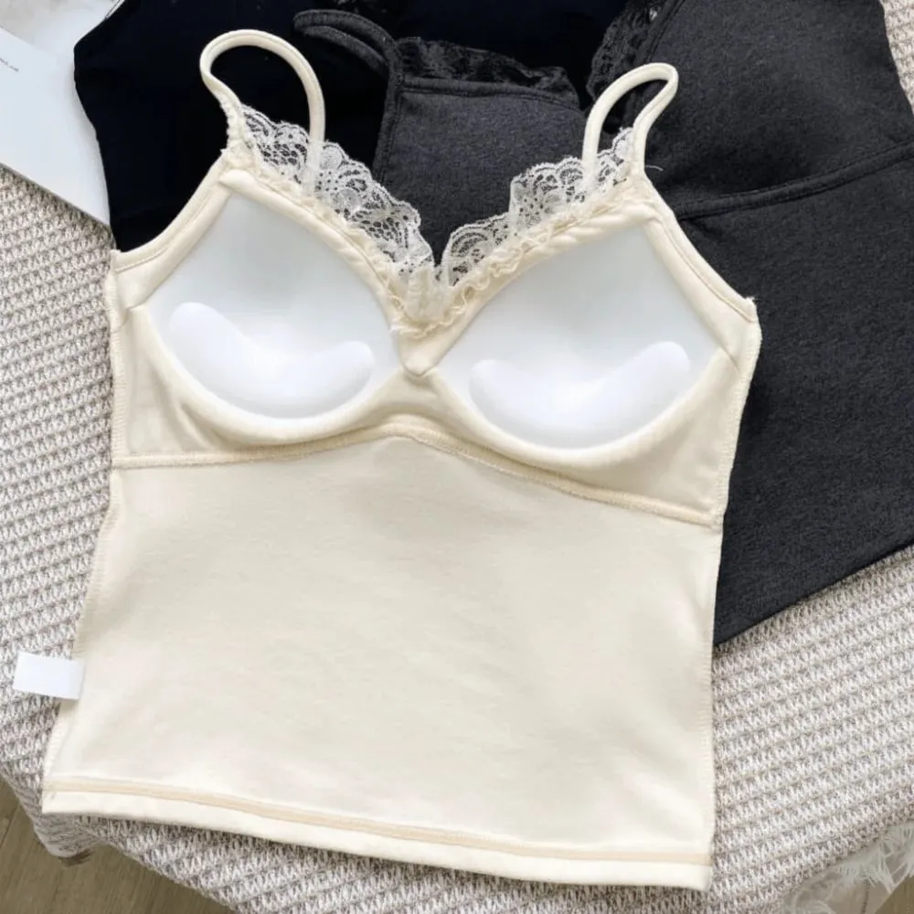 Autumn/Winter Fitted Lace-trimmed Camisole V-Neck Comfortable Slim Fit Camisole Top Soft with Padded Bra Women's Top