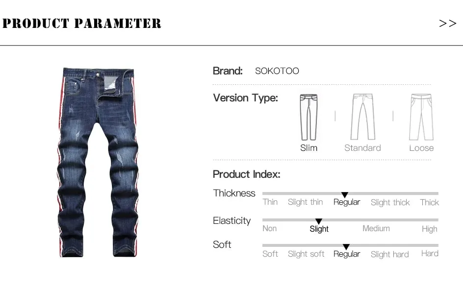 Men Side Stripe Denim Jeans Blue Stretch Washed Denim Pants Slim Straight Trousers — image 7