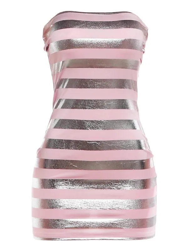 Kliou Shiny Stripe Patchwork Dress Woman Sexy Wrap Chest Backless Sleeveless Skinny Peach Hip High Street Fashion Mini Bodycon