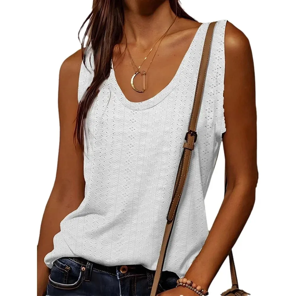 Women's Tank Top Spring Summer White V Neck Sleeveless Perforated Texture Relaxed Fresh Elegant Daily Casual Top — image 9