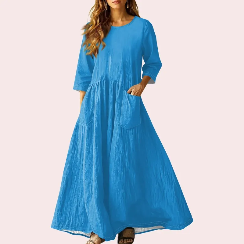 Women's Summer Loose Long Dresses Solid Color Three-quarter Sleeve Double Pocket Dress Loose Round Neck Linen Dress Vestidos