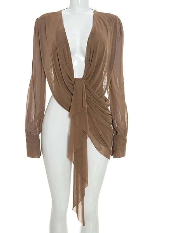 Beyprern Chic Y2K Aesthetic Plunging Neckline Mesh Top Female Draped Asymmetrical Long Sleeve Cover Up Blouse Night Out Clubwear