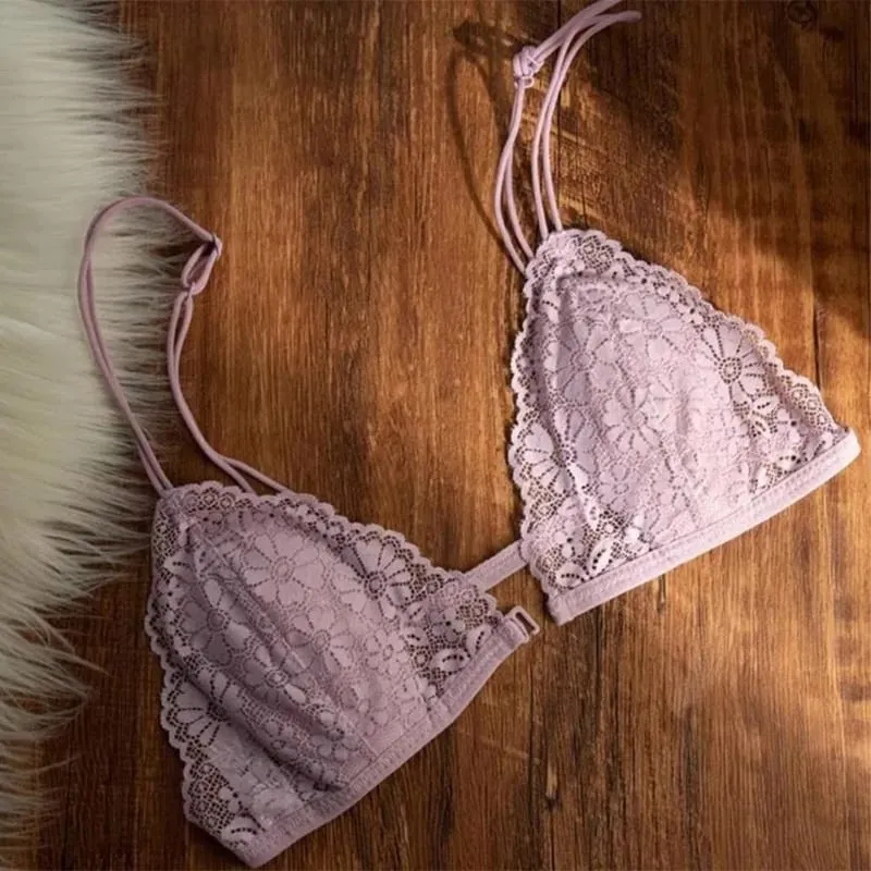 Bra Segitiga Tipis Berenda Seksi Gaya Perancis dengan Kancing Depan Pakaian Dalam Lingerie Nirkabel Cincin Tanpa Baja Wanita Bra Punggung Cantik