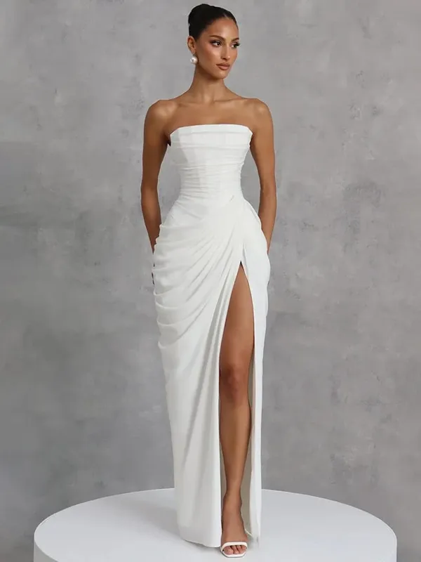 Mozision Chiffon Off-shoulder Strapless Sexy Maxi Dress Women Elegant Sleeveless Backless High Split Ruched Club Party Dress — image 10