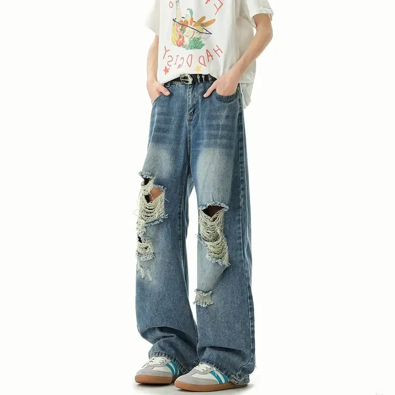 New Spring/Autumn Fashion Solid Color American Retro Straight Leg Ripped Jeans Men's Casual Loose Fit Sports High Quality Jeans — image 2