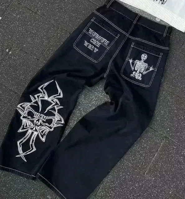 Y2K Black Multi Pocket Cargo Jeans Men Women Wide Leg Distressed Frayed Hem Flap Pockets Button Detail Baggy Streetwear Trousers — image 7