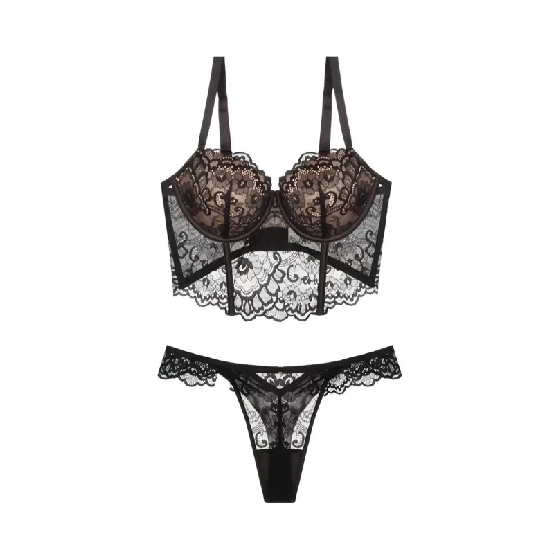 Women French Lace Fishbone Bra Soft Underwire 3/4 Cup Push‑Up Anti Sag Lingerie Slim Side Boob Control Sexy Ladies Underwear