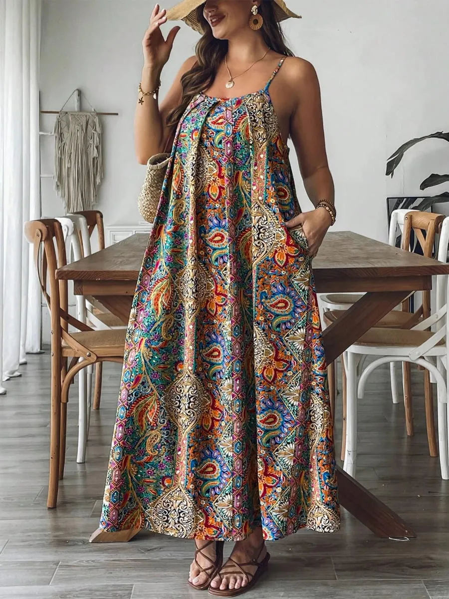 2026 Summer Women Bohemian Paisley Print Spaghetti Strap Maxi Dress Loose Flowy Pocket Long Dress Vintage Ethnic Beach Vacation — image 5