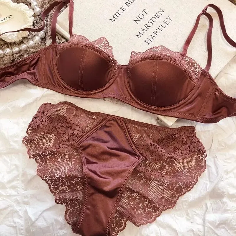 Set Bra Push Up Renda Perancis Seksi Laris Bra Kawat Tipis Bersirkulasi Cup Demi Kontrol Lemak Sisi Anti Droop untuk Payudara Kecil S-XL — image 10