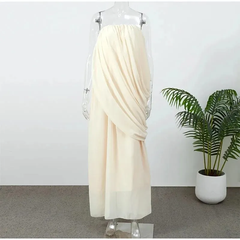 Elegant Pleated Strapless Maxi Dress Women Fashion Backless Slim Apricot Dresses Summer Casual High Street Female Vestidos — image 5