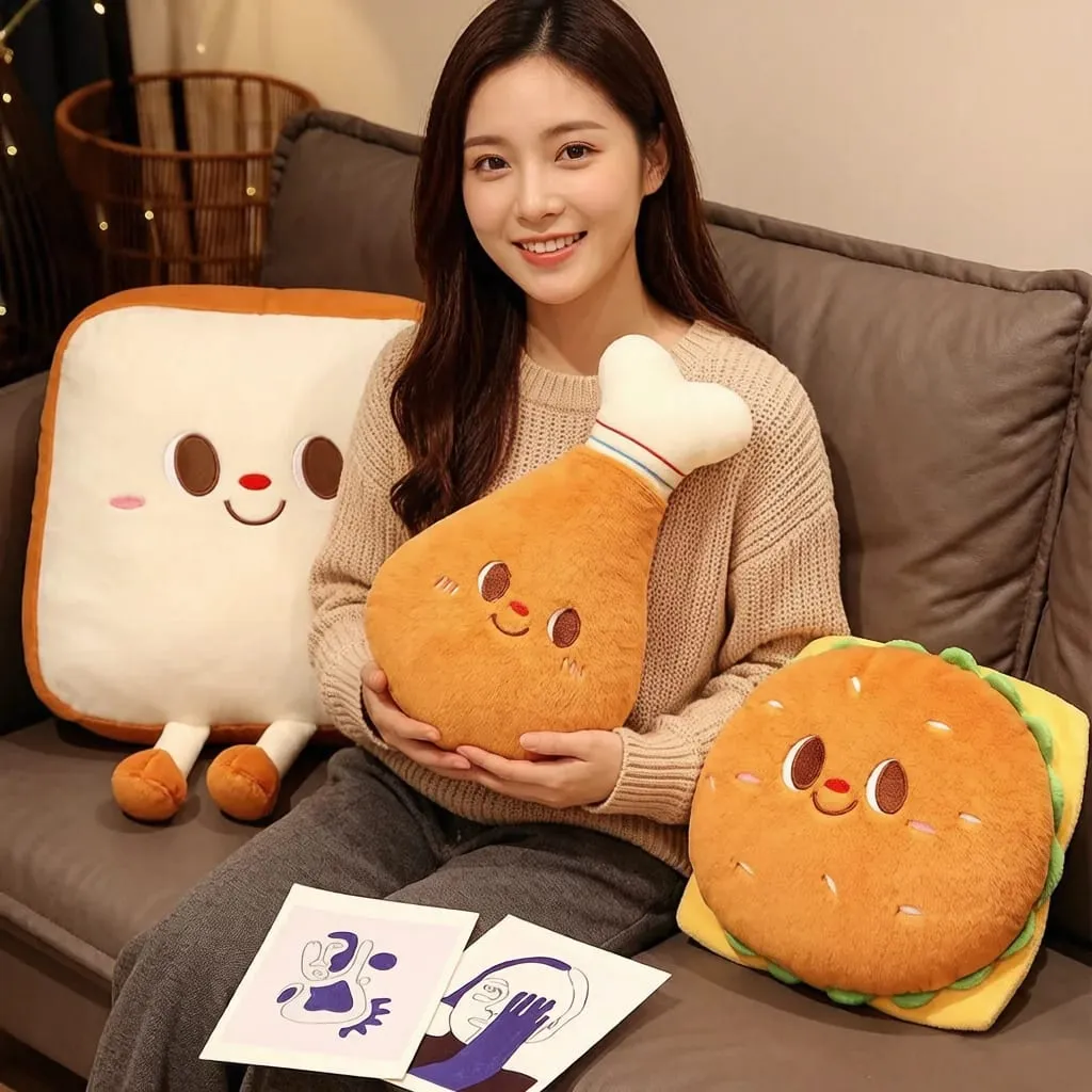 Sød mad Plys pyntepude Fyldt Toast Hamburger Pude Smilende Ansigt Glad Plys Sofa Hjem Indretning Gave