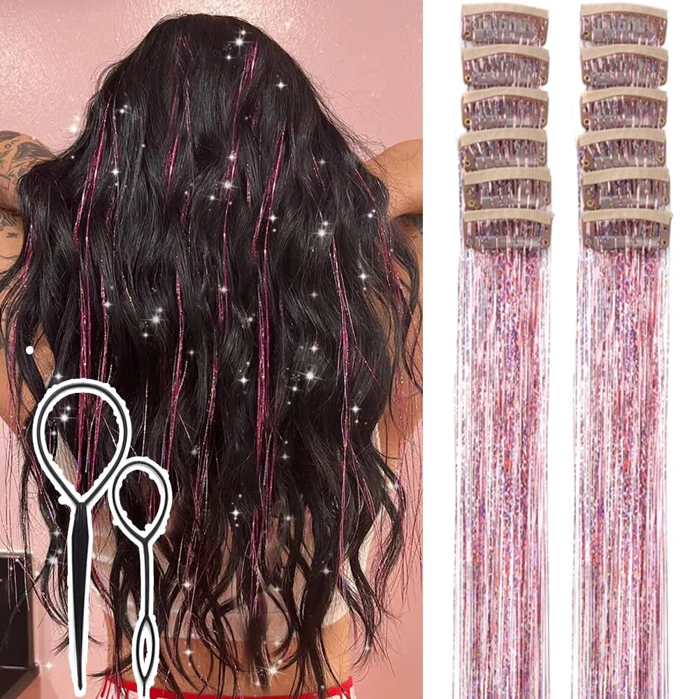 Hair Tinsel Clip in 12 Pcs Hair Tinsel Kit for Girls 20inch Synthetic Glitter Hair Accessories Clip in Hair Extensions for Women