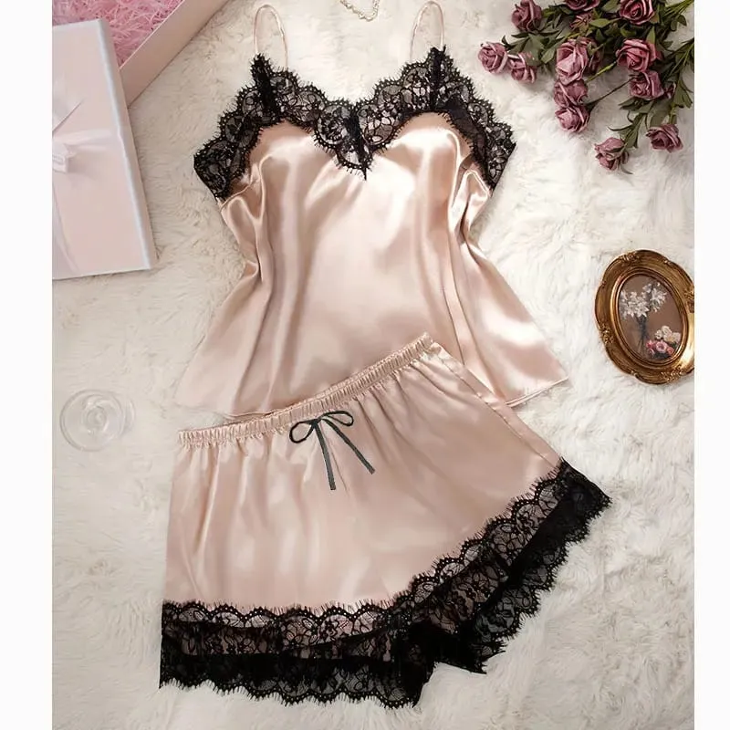 Solid Color Lace Trim Silk Lingerie Set Woman Pajamas Underwear Luxury Nightwear Sexy Bra V Neck Tank Short Summer Intimacy Sets — image 5