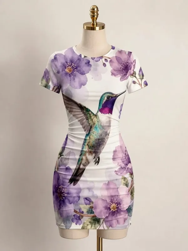 Womens Short Sleeve Bodycon Mini Dress Slim Fit Crew Neck Floral Print Casual Summer Party Cute Comfy Vacation Vacation Sundress — image 7