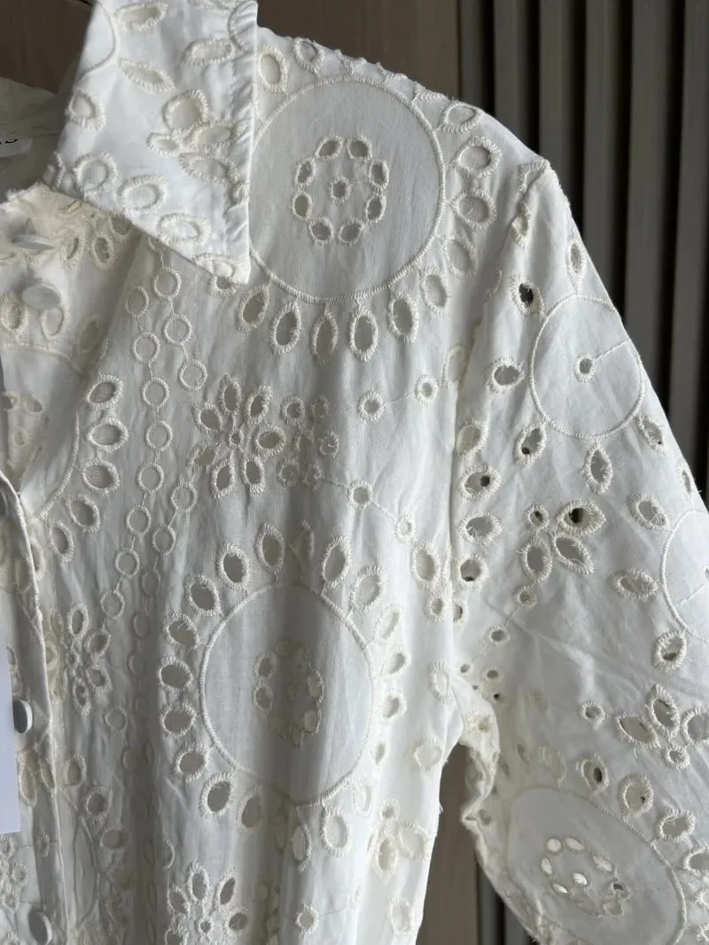 ETJ 2025 new women's elegant fashion hollow embroidery cotton shirt lapel short-sleeved dress temperament long skirt — image 3