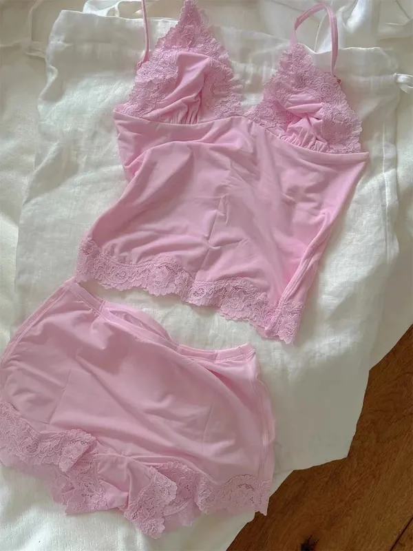 Pink Lace Trim Bra Sets Woman Sexy Triangular Cup Seamless Bras+Low Waist Boxer Briefs Solid Soft Comfort Underwear 2 Piece Set