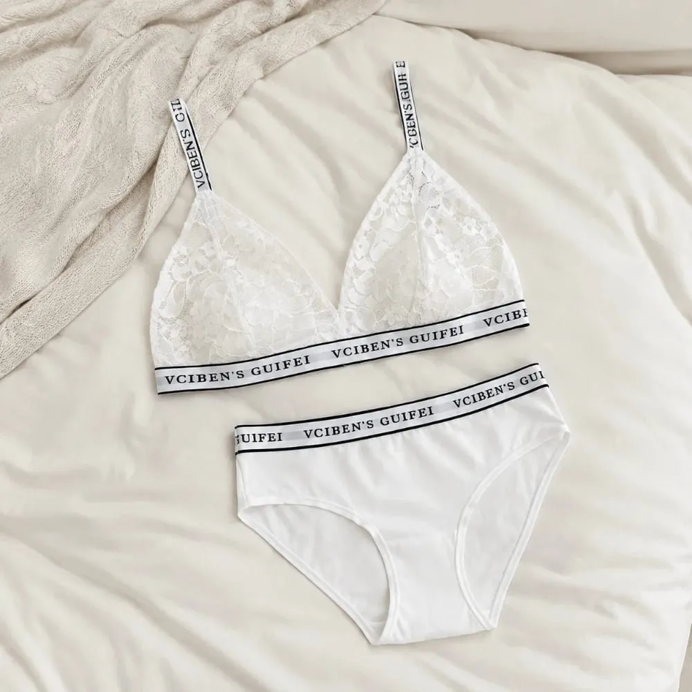 Comfortable Letter Design Lingerie Set Lace Wireless Women Underwear Suit Deep V Color Blocking Bra Panties Set Women — image 3