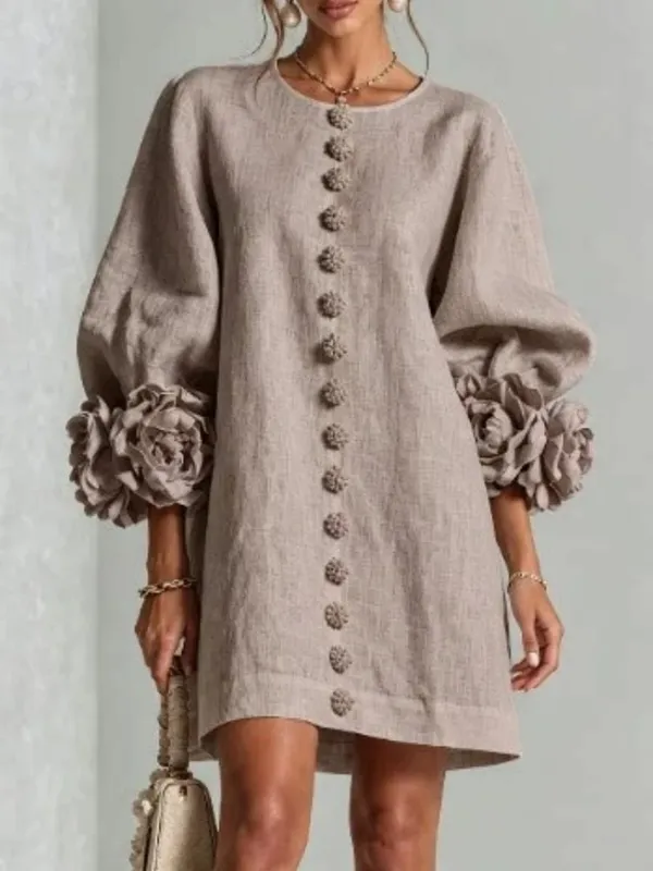 Women Linen Mini Dress O Neck Puff Long Sleeve 3D Flower Cuff Decor Flower Button Loose Casual Short Dresses for Party Vacation — image 10