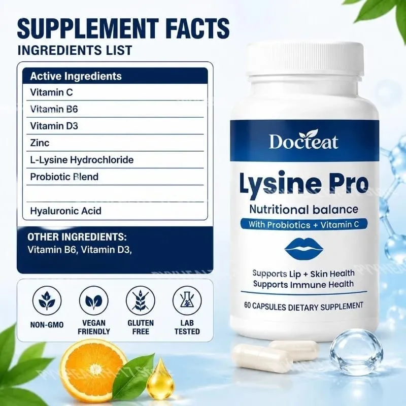 Lysine Pro Capsules with Probiotics and Vitamin C for Skin Health and Digestive Balance and Zinc for Men Women 60 Capsules
