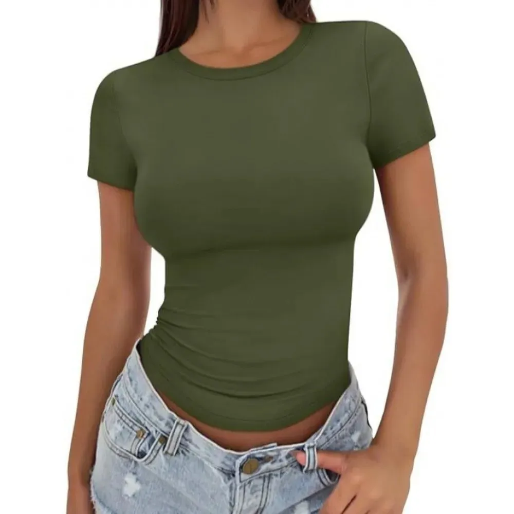 Trendy Stretchy Fitted T Shirt Breathable Soft Crop Top Solid Color Lightweight Short Sleeve Tee Streetwear Style