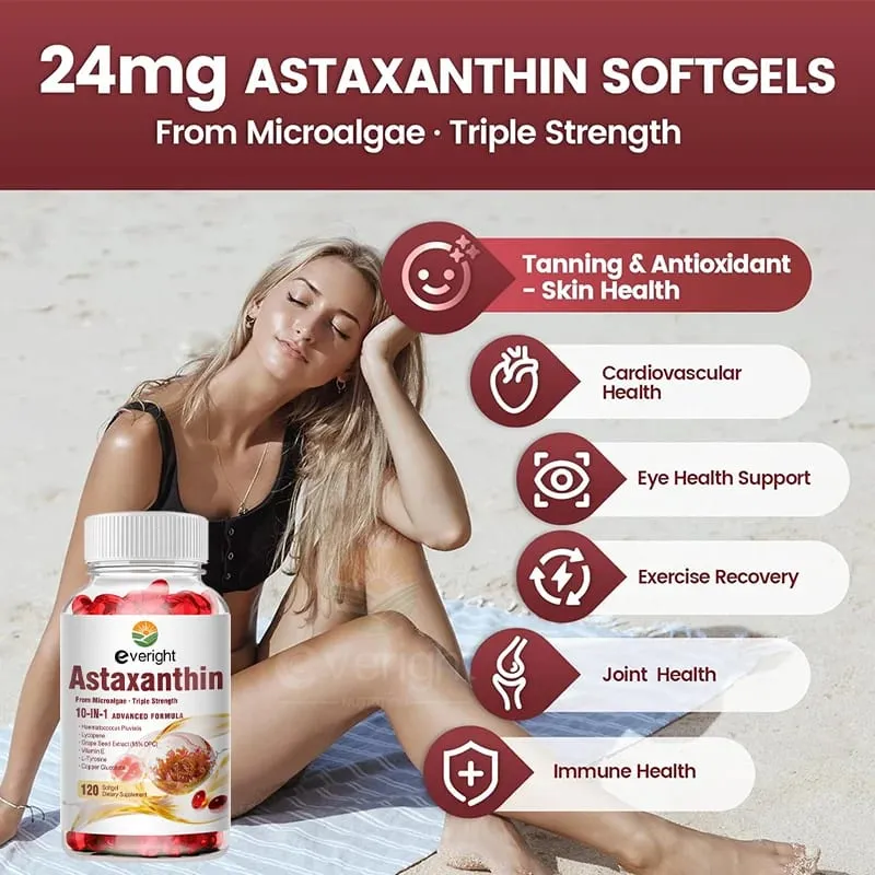 Astaxanthin 24mg – Powerful Antioxidant for Skin Eyes Immune System – 10-in-1 Formula Lycopene Grape Seed Vitamin E & Zinc