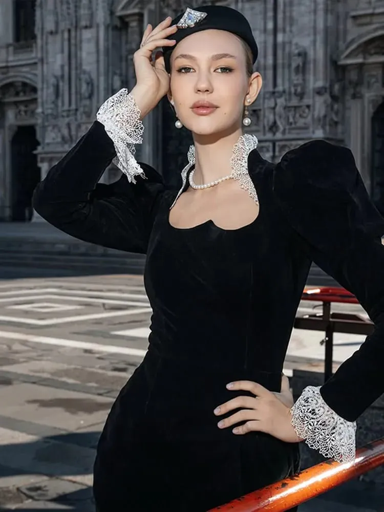 Full Sleeve Lace Patchwork Velvet Maxi Dress Women Elegant Stand Collar Puffed Slim Long Sexy Gowns Lady Evening Dinner Dresses — image 5