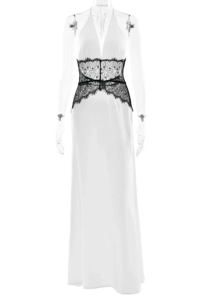 MO Patchwork Sexy Deep V-neck Lace Halter Women Maxi Dress White Backless Evening Dress Summer Slim Elegant Party Dress — image 7
