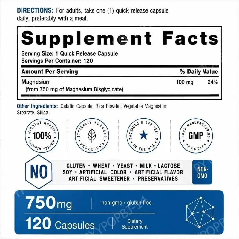 Magnesium Bisglycinate 750mg Capsules Supports Relaxation Muscle Comfort Bone Health 120 Capsules Non GMO Gluten Free — image 3