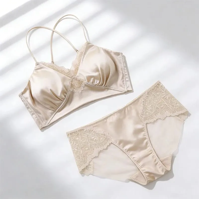 19MM Natural Mulberry Silk Satin Thin Bra Adjustable Cross Straps Beautiful Back Without Steel Ring Female Sexy Underwear Set — image 8