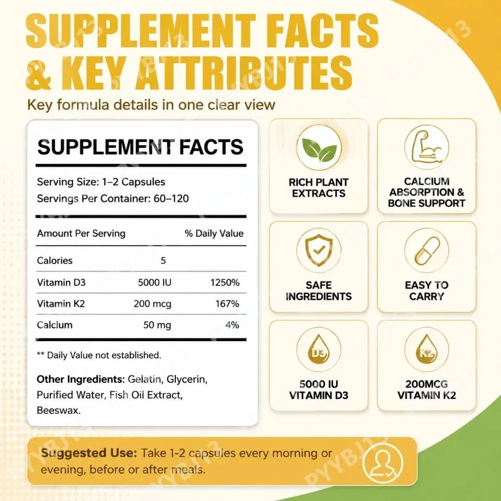 Googeer Vitamin D3 K2 Capsules 5000 IU D3 and 200 mcg K2 for Bone Health and Immune Support Dietary Supplement 120 Capsules