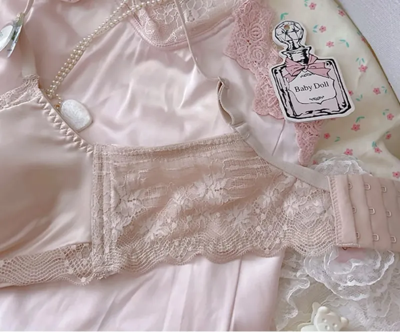 Pink princess thickened small chest big underwear female gathered modal latex lingerie panty suit bow no steel ring bra set