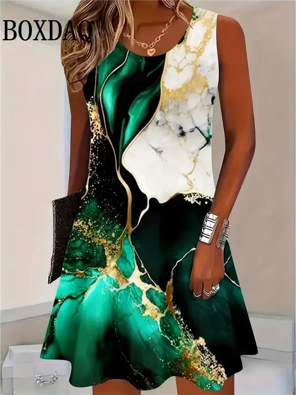 New 2026 Summer Dresses Women's Abstract Tie Dye 3D Print Dress Fashion Casual Sleeveless Beach Loose Short Dress Sundress Vest