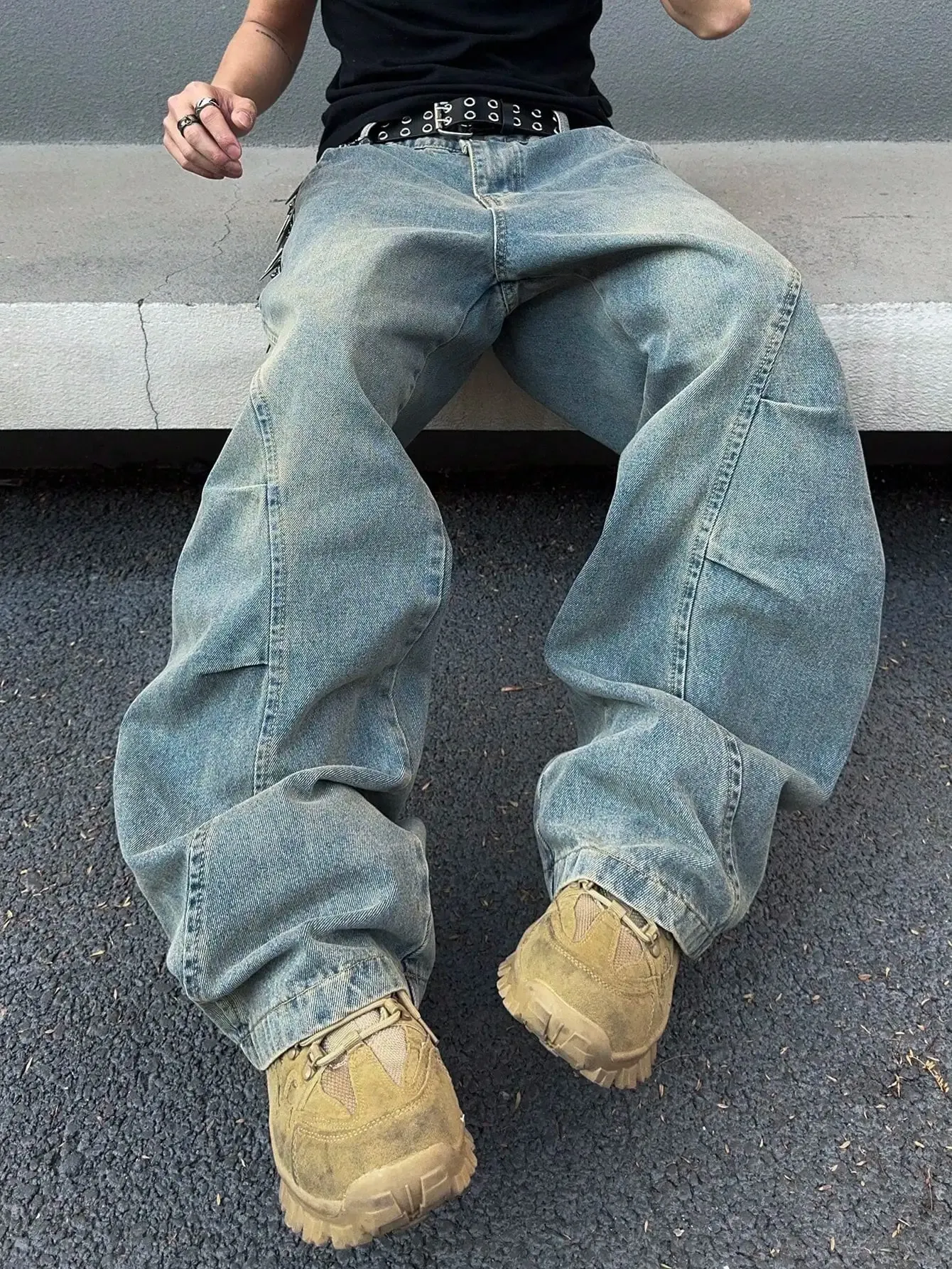 Vintage Men Washed Baggy Denim Jeans Stitched Panel Wide Leg Denim Pants Oversized Loose Hip Hop Streetwear Y2K Casual Trousers — image 3