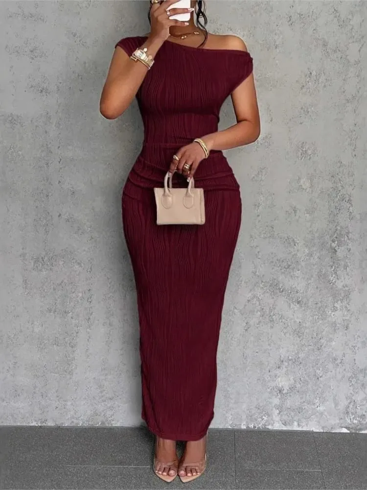 Fashion Water Ripple Slanted Shoulder Dress Pambabaeng Elegant At Simple Solid Color A-line Collar Mid-waist Sexy Hip Wrap Skirt
