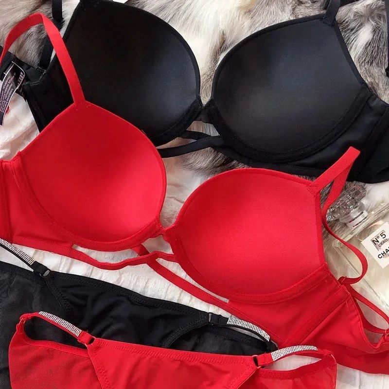 2 Pieces Sexy Underwear Set for Women Classic Cross Hollow Bra Sparkle Rhinestones Lingerie Deep V Push Up Brassiere Set — image 2