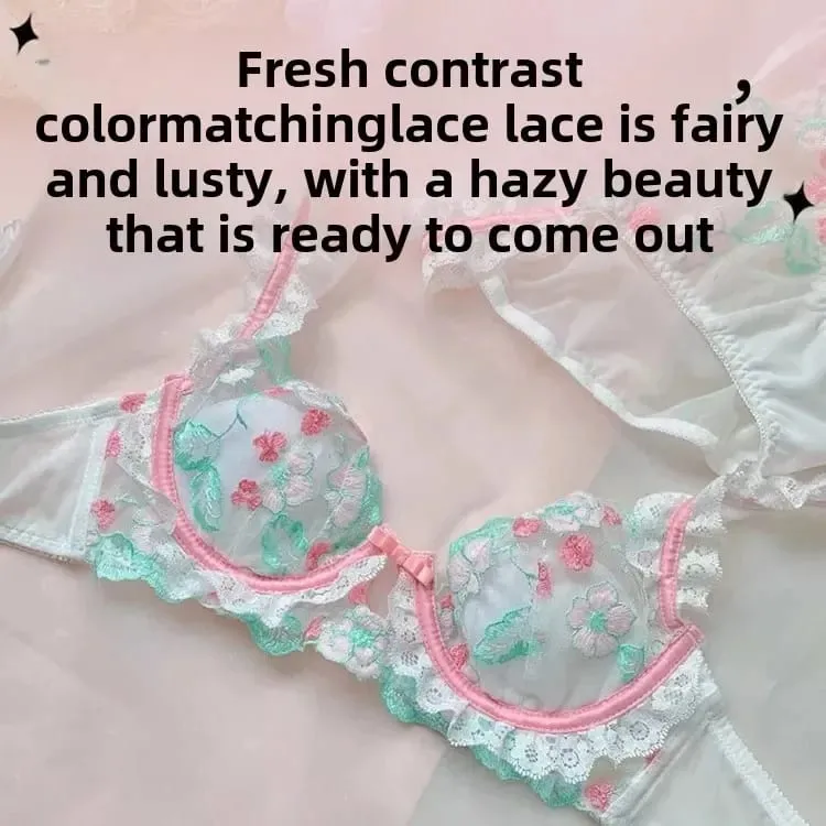 French Style Lace Embroidery Bra Set Women's Underwear Anti-Sagging Thin Design Sweet Pure Desire Wireless Comfortable Bandeau