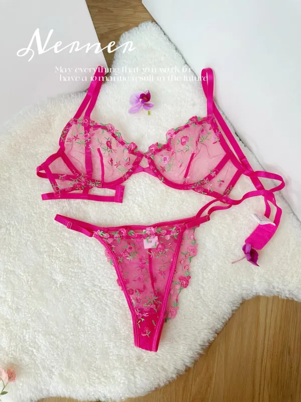 Kawaii Japanese Lingerie Set Sheer Tulle Pink Floral Embroidery Bra Bralette sek-si Pure Matching Set BANERDANNI Tushy Bras — image 12