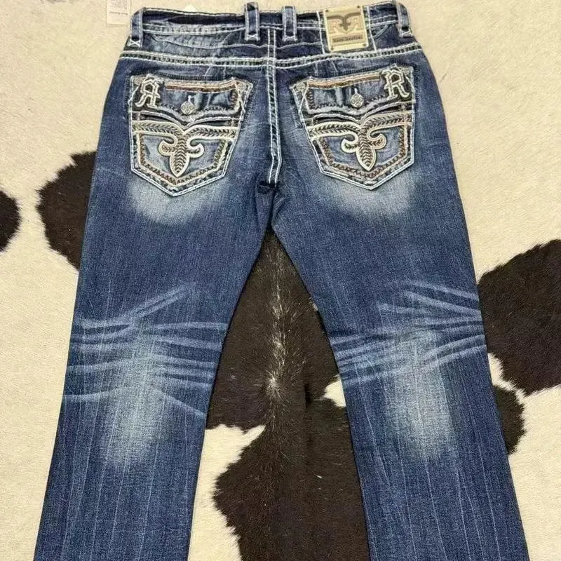 Retro trendy brand washed high elastic wide leg flared jeans Y2K summer blue embroidery American Gothic new fashion heavy street