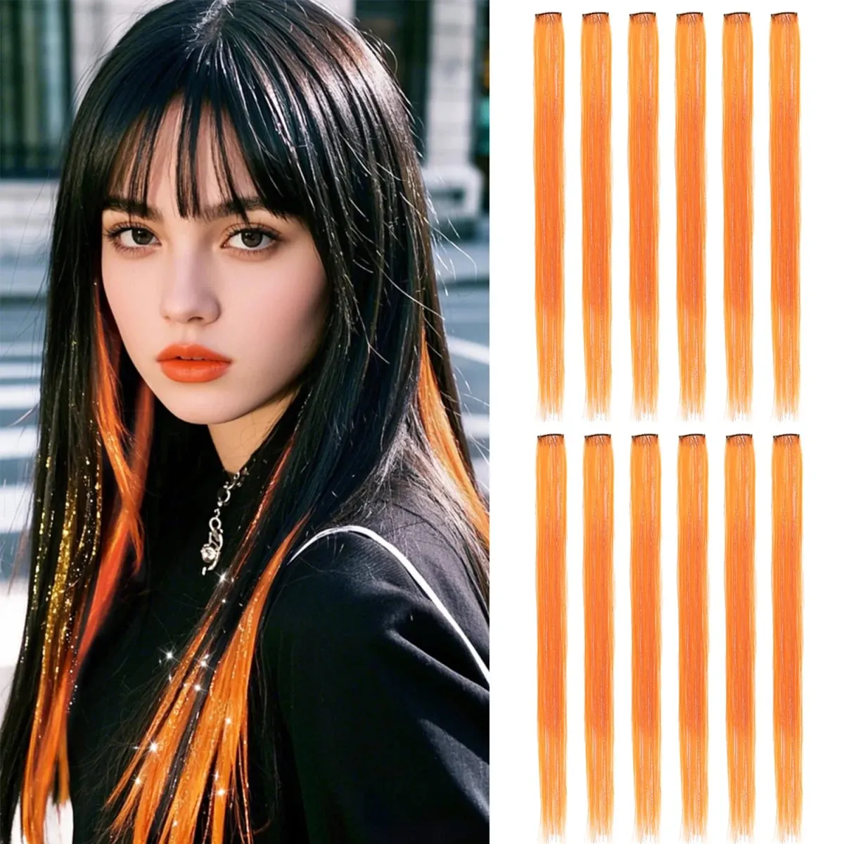 Synthetic Clip in Hair Extensions 12pcs/pack Clip in Colorful Hair Mixed Tinsels Glitter Hairpices for Women Girls Daily Party — image 8