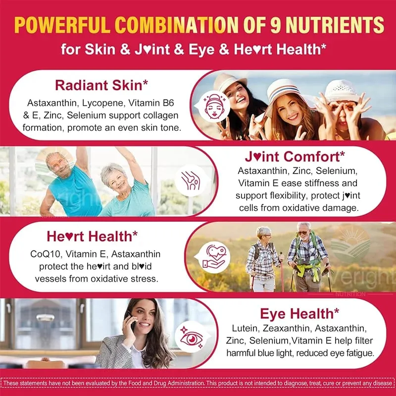 Liposomální astaxanthinové doplňky s lykopenem CoQ10 Lutein Vitamín B6 E Antioxidanty zinku pro zdravou pleť Stárnutí očí