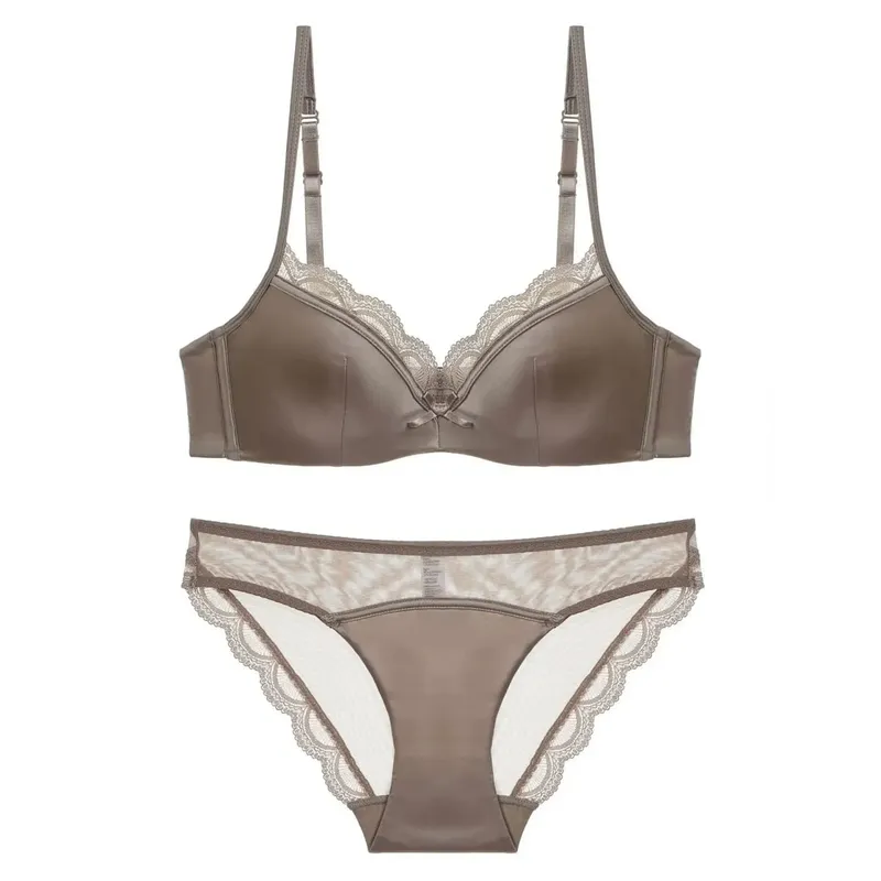 Women's Thin Smooth Satin Bra & Briefs Set Summer Solid Lace Decor Anti Sagging Lingerie Bra Sweet Underwear Suit Нижнее Белье